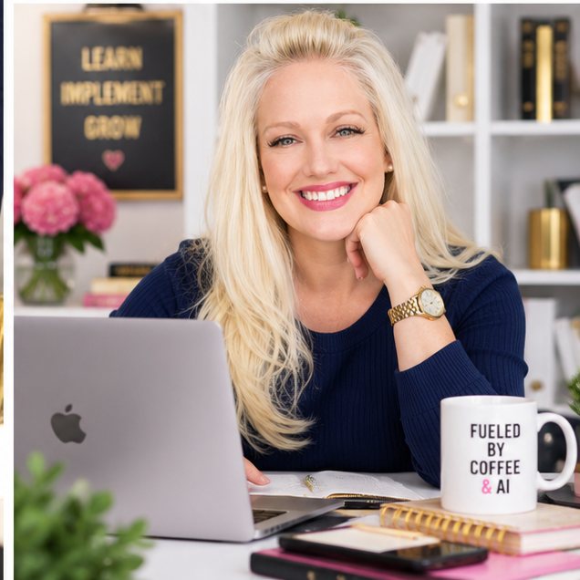 Kelly at her desk with a Fueled by Coffee and AI mug and a Learn Implement Grow sign