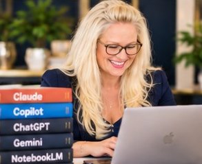Kelly at her laptop beside books labeled Claude, Copilot, ChatGPT, Gemini and NotebookLM
