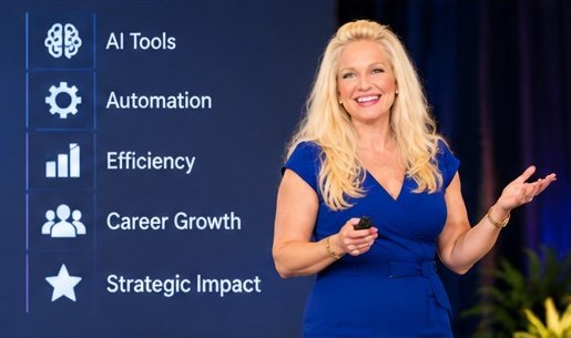 Kelly presenting beside a slide listing AI Tools, Automation, Efficiency, Career Growth and Strategic Impact